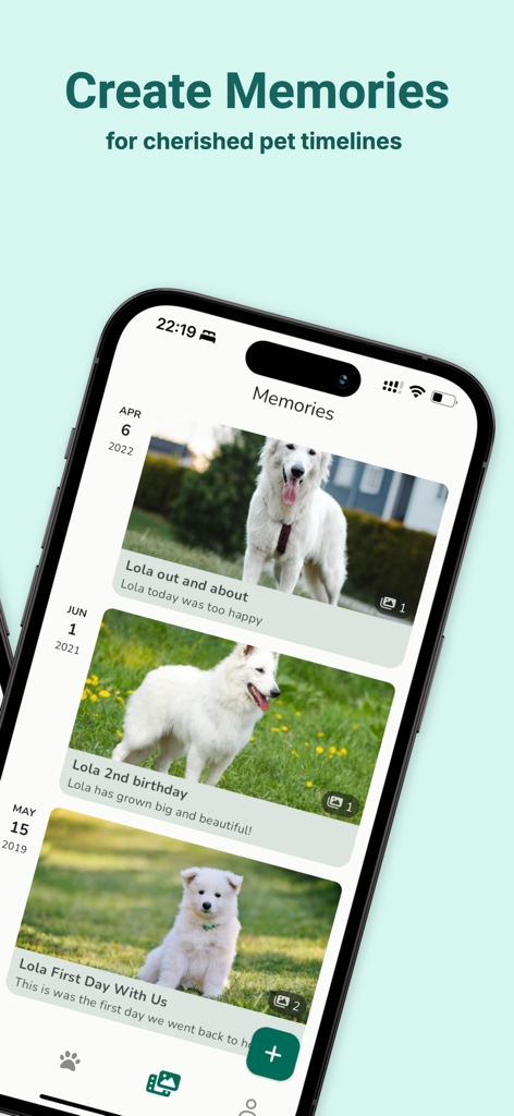 Furry Friend : Pet Care App - A mobile interface of the Furry Friend app showing a chronological pet memory timeline with photos of a white dog at different ages.