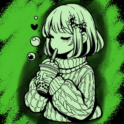 manga girl drinking boba in cozy sweater