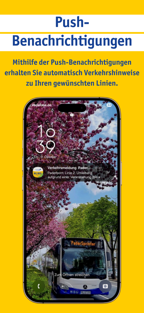 PaderSprinter Mobil - Smartphone lock screen showing a push notification from the PaderSprinter Mobil app about a bus route diversion.