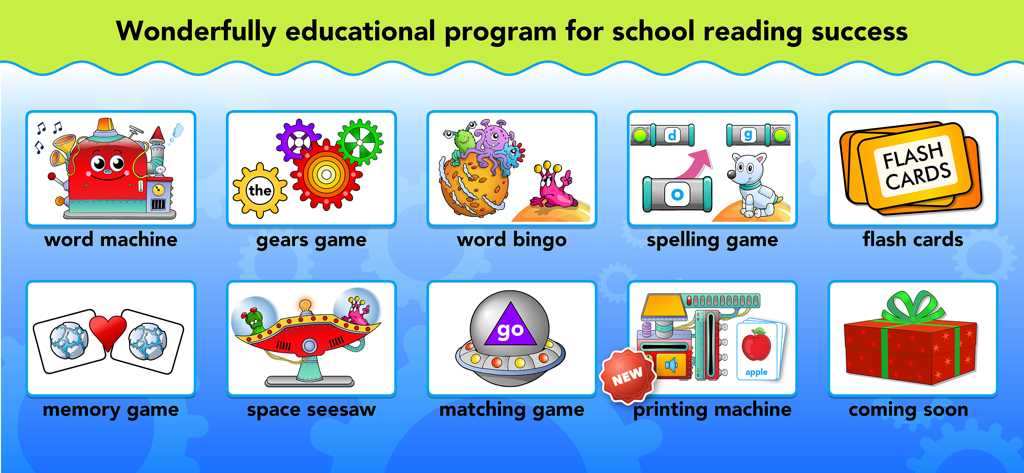 Sight Words Reading Games ABC - Schermata del menu principale che mostra vari giochi di lettura come Word Machine e Spelling per bambini.