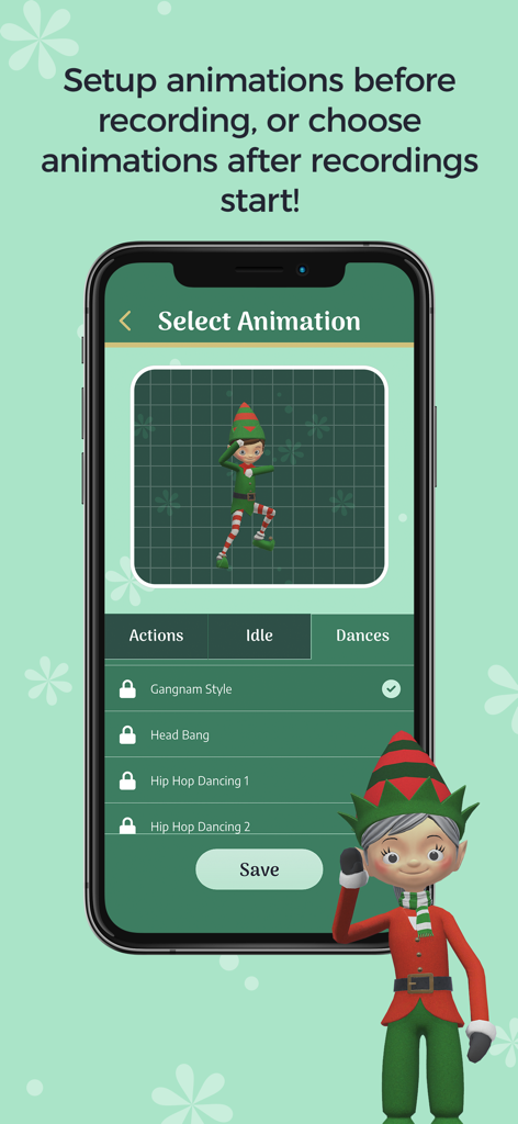 Interface utilisateur pour sélectionner des animations d'elfes comme des danses et des actions immobiles.