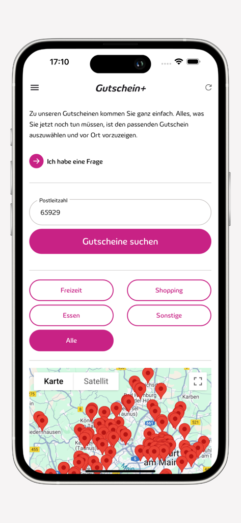 Meine Süwag - A screen from the Meine Suewag app showing a voucher search feature with location categories and a map view.