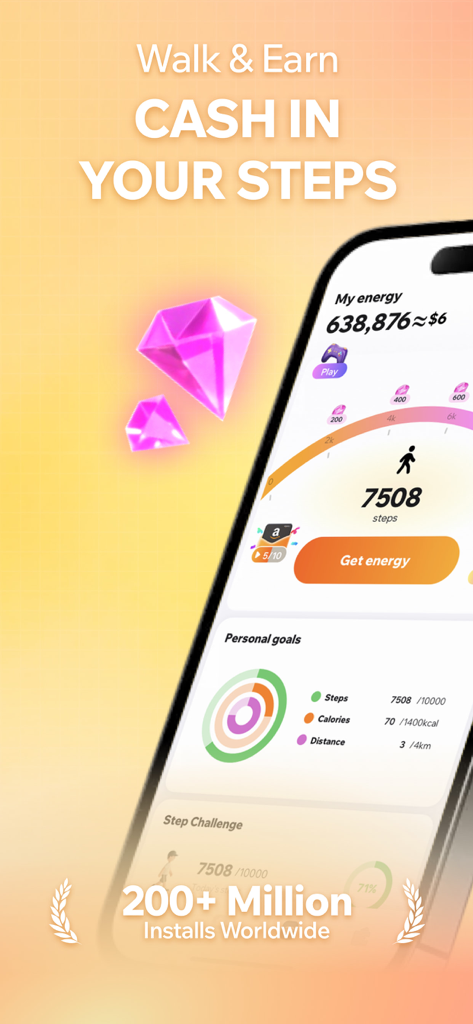 Interfaz de la aplicación Calorie Manager mostrando la función de caminar y ganar con un contador de pasos y objetivos de salud personales.