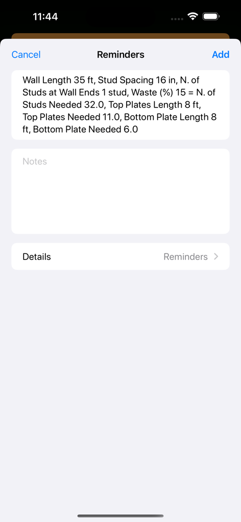Framing Calculator Pro results saved as a reminder on an iPhone