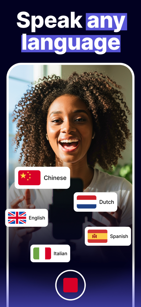 Dub AI: Video, Voice Changer - A woman smiling while using the Dub AI app to translate her speech into multiple languages