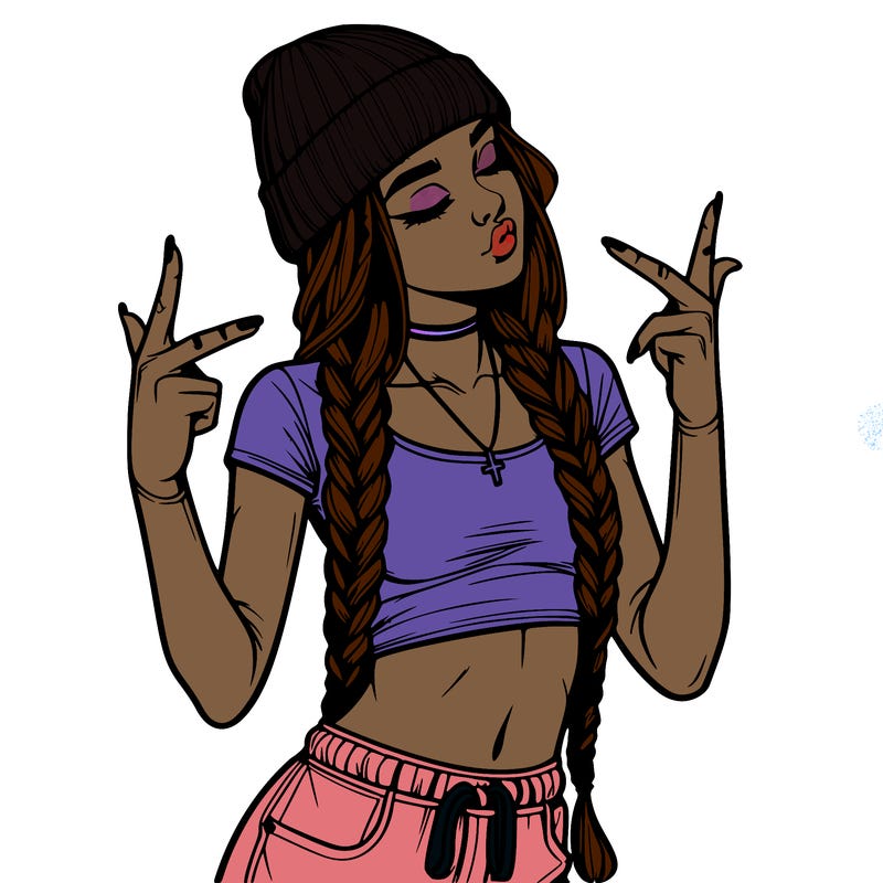 realistic teenage girl with braids and a beanie and crop top doing 🫶🏼