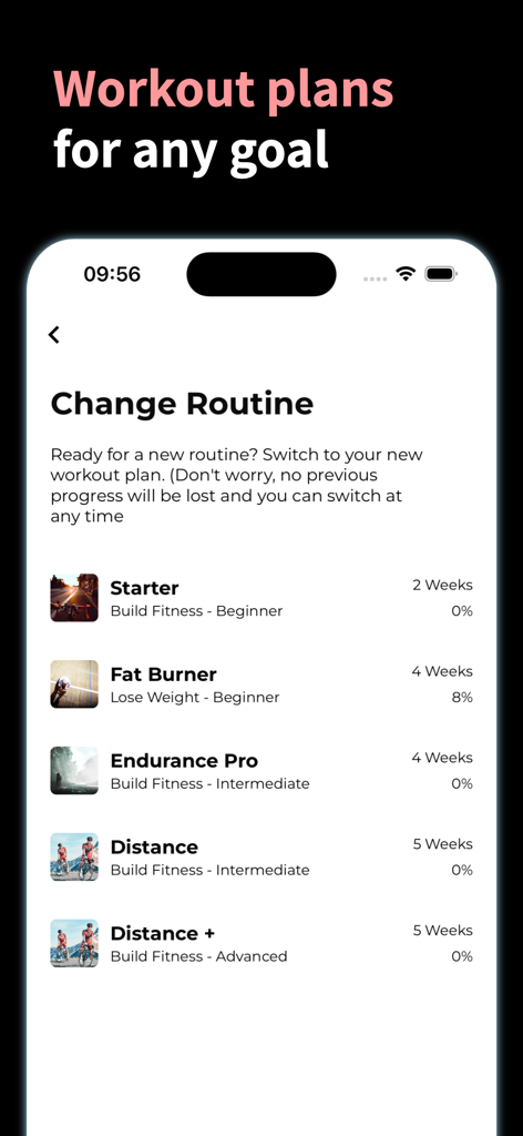 A menu of different exercise bike routines including starter fat burner and endurance plans