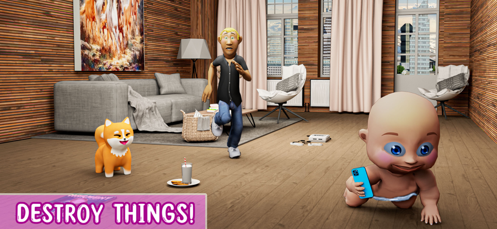 Baby Simulator Family Prank - Un bebé travieso gateando en una sala de estar con un padre en shock persiguiéndolo y una etiqueta de "cosas destrozadas".