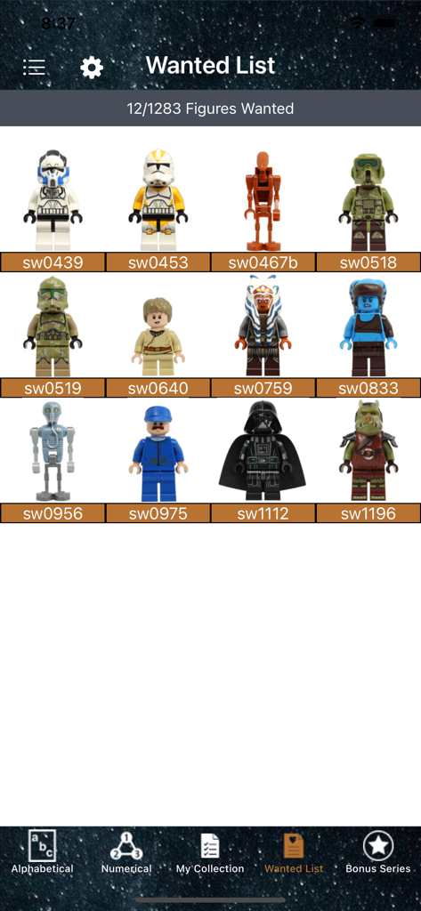 Grid of Star Wars minifigures on the Wanted List screen of the LSW Collector app