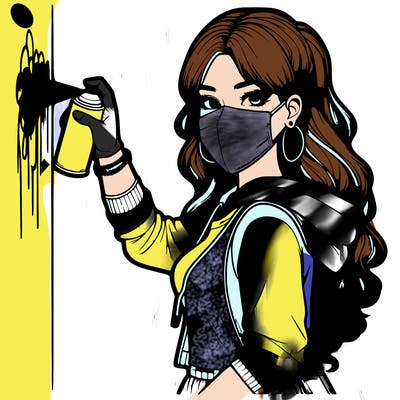 realistic girl with mask spray painting a wall
