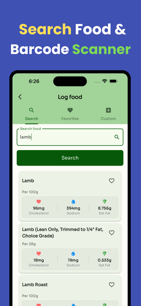 Cholesterol Tracker 2026 - Cholesterol Tracker 2026 app interface showing food search results for lamb with cholesterol and sodium data
