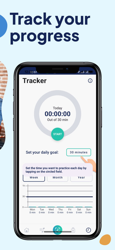 Sheet Music Reader Halbestunde - 毎日の音楽目標と進捗グラフを示すHalbestundeアプリの練習トラッカーインターフェイス