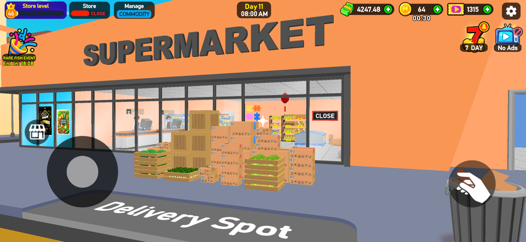 A 3D supermarket storefront with grocery boxes at a delivery spot