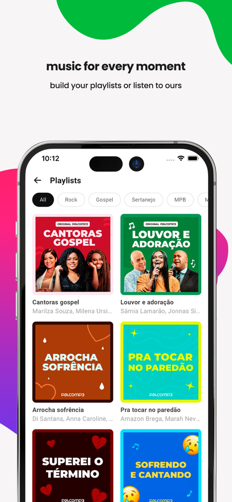 Pantalla de smartphone de la aplicación Palco MP3 mostrando listas de reproducción seleccionadas para varios géneros de música brasileña