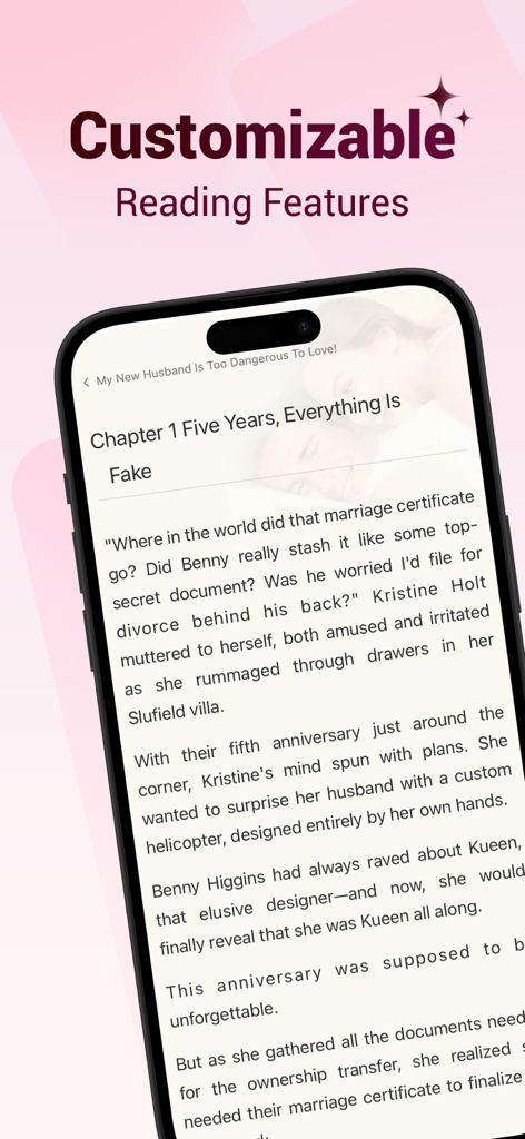 MoboReader app screen showing a romance novel chapter with customizable reading features