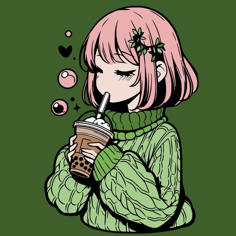 manga girl drinking boba in cozy sweater