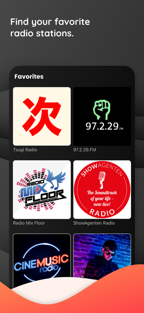 Welove.radio app interface showing a grid of favorite radio stations including Tsugi Radio and Radio Mix Floor