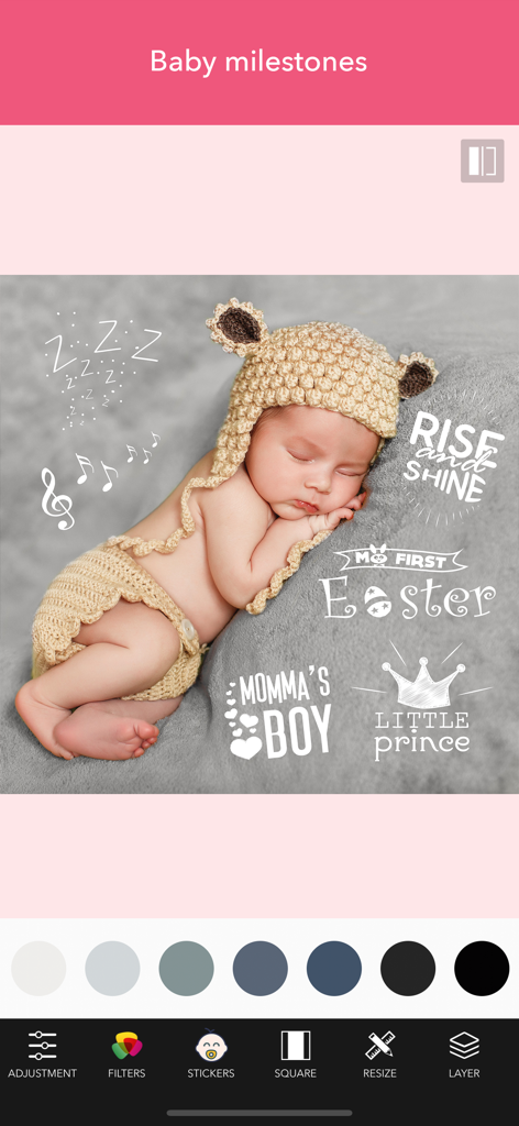 Pregnancy & Baby Milestone Art - A baby photo being decorated with milestone stickers in the Baby PicPoc app
