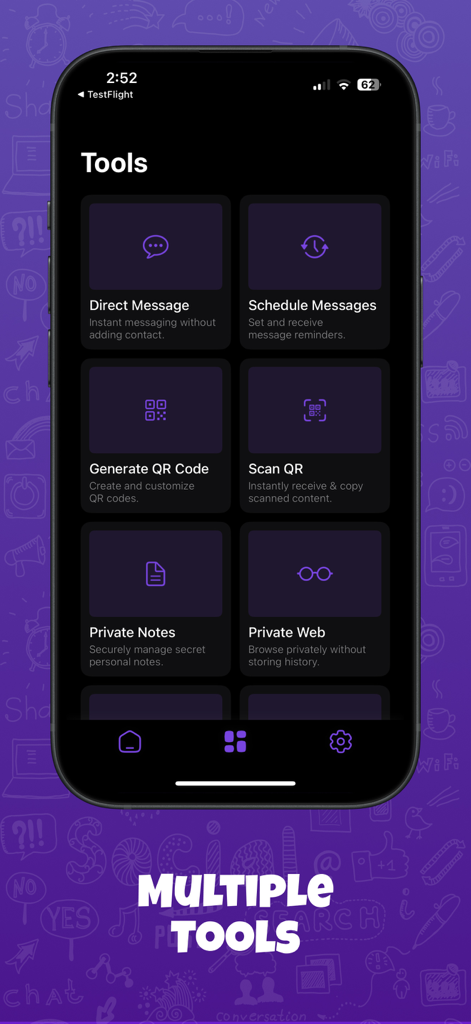 Dual Chat : Web Scan - Interfaz de la aplicación Dual Chat mostrando múltiples herramientas como Mensaje Directo y Web Privada