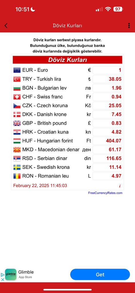 Sıla Yolu Sevenler - Une liste des taux de change pour la lire turque et diverses devises européennes dans l'application Sila Yolu Sevenler.
