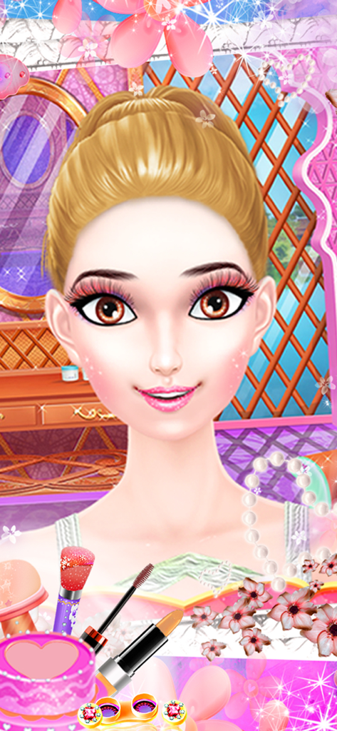Little Princess Party Makeover - Un personaje de princesa rubia con el maquillaje terminado y varias herramientas de belleza mostradas debajo de ella