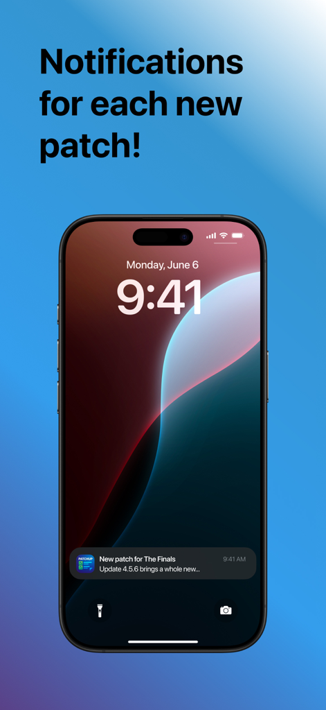 PatchUp app showing a push notification for a game update on an iPhone lock screen