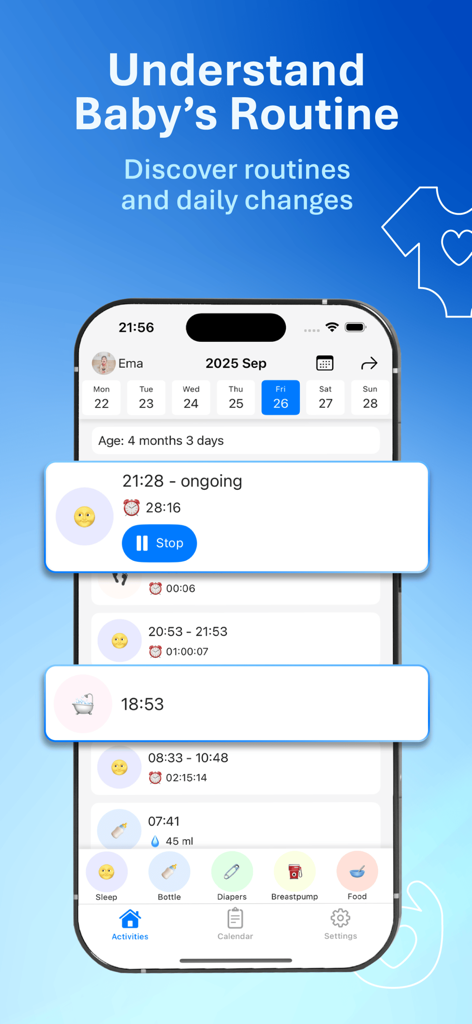 Babystart – Baby Tracker & Log - Mobile Ansicht der Babystart App, die ein tägliches Aktivitätsprotokoll für die Schlaf- und Fütterungsroutinen des Babys zeigt