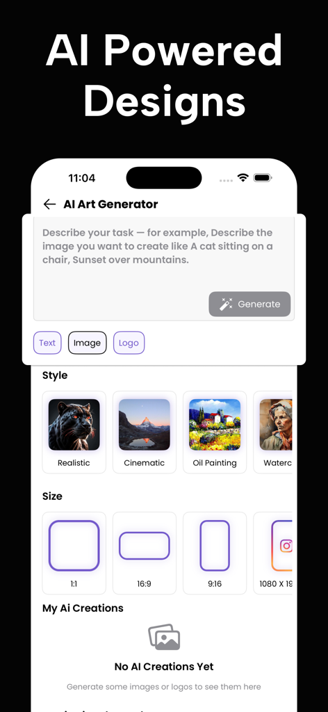 A interface do Gerador de Arte IA no DrawPost mostrando a entrada de prompt e a seleção de estilo artístico para posters personalizados.