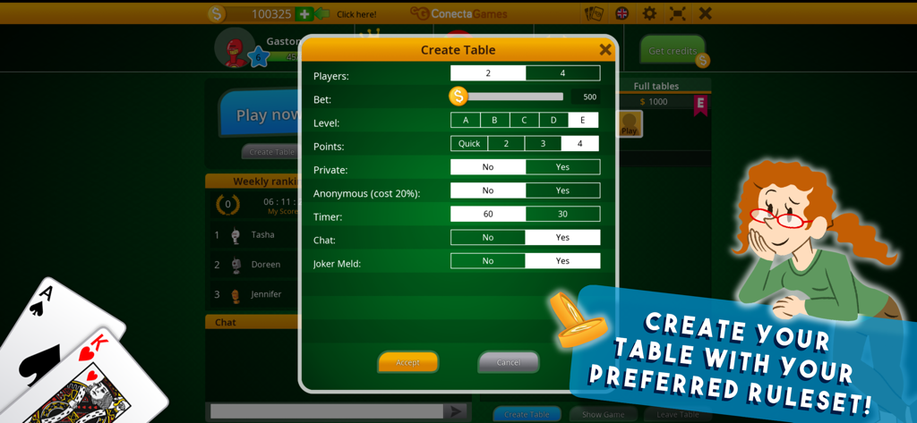 Create Table menu with custom rule settings in the Canasta Hand and Foot mobile app.