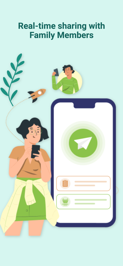 Meal Planner Family - Illustration montrant le partage en temps réel des plans de repas et des listes de courses entre les membres de la famille