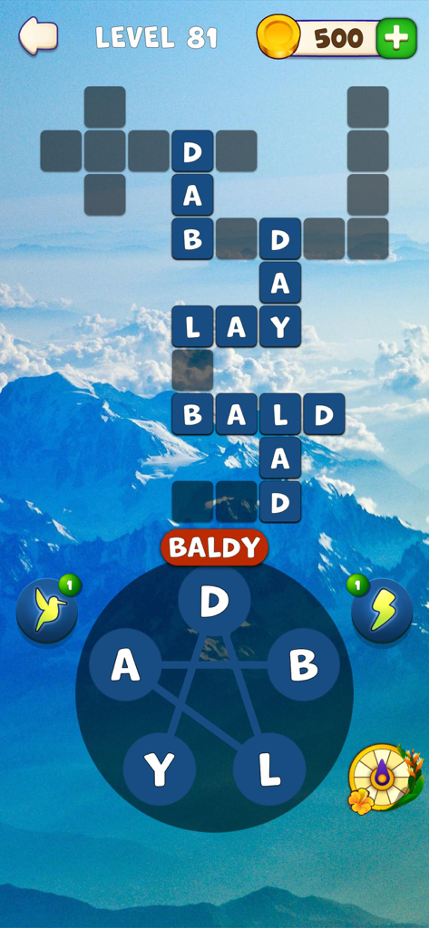 Words of Paradise - Words of Paradise crossword puzzle gameplay with a scenic blue mountain background