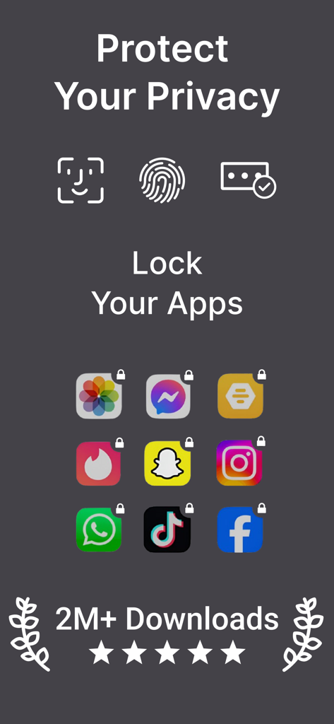 Oberfläche, die App-Sperrfunktionen mit biometrischen Sicherheitssymbolen und durch Schlösser geschützten Social-Media-Apps zeigt
