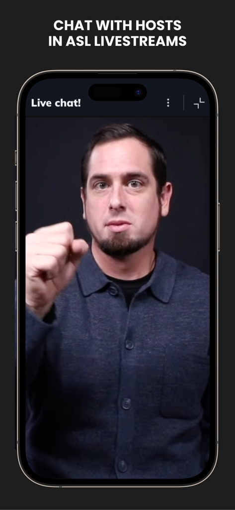 The Daily Moth - Ein Moderator, der in Amerikanischer Gebärdensprache während eines Live-Chat-Streams auf der App The Daily Moth gebärdet.