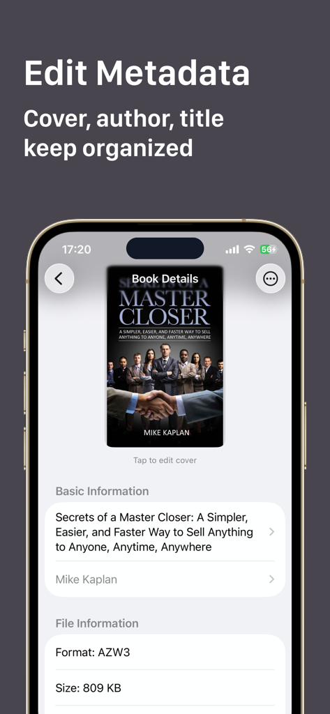 KindleMate - Send to Kindle - Screenshot of KindleMate app showing the edit metadata screen for an ebook with options to change the cover author and title