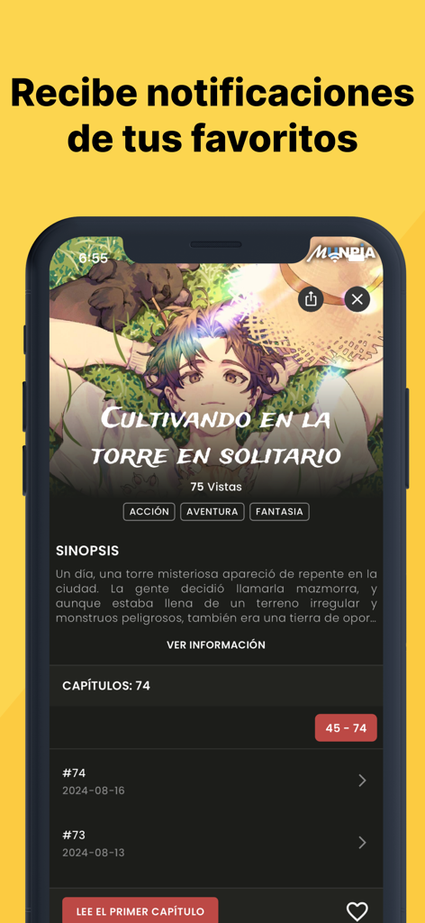 Smartphone screen showing the KanX app manga details page with a chapter list and synopsis in Spanish.