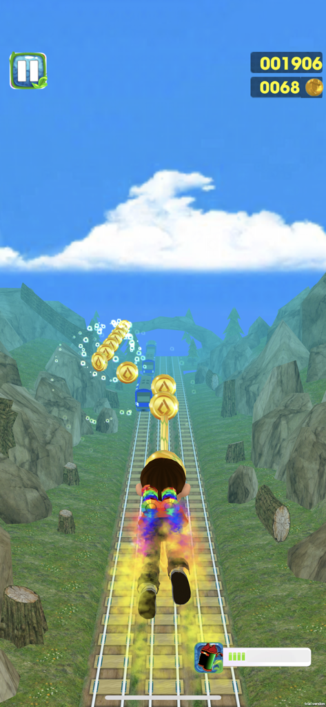 Railway Run -- Street Escape - A character flies over a railway track using a rainbow jetpack while collecting gold coins in a mountainous landscape.