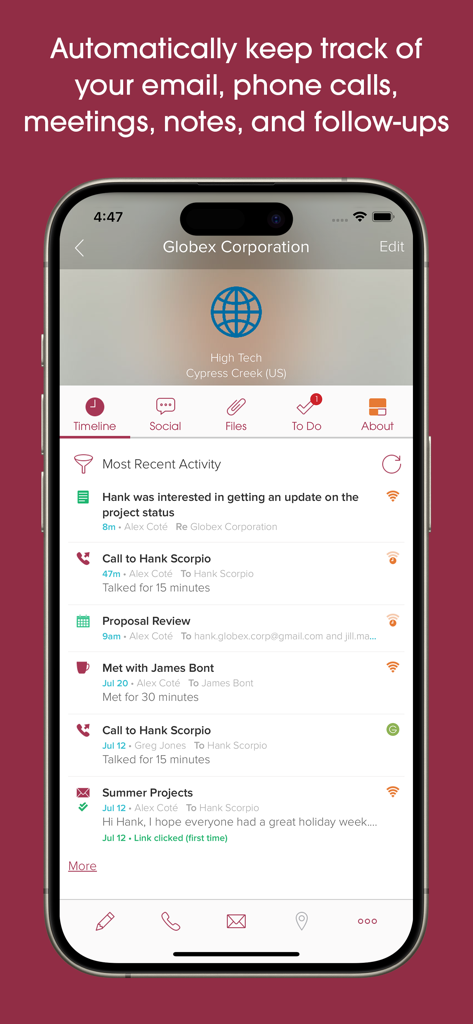 Cloze app interface showing a timeline of recent emails, calls, and meetings for a business contact.
