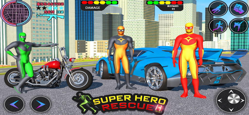 Spider Hero Games - Rope Hero - Three superhero characters standing next to a blue sports car and red motorcycle in a city