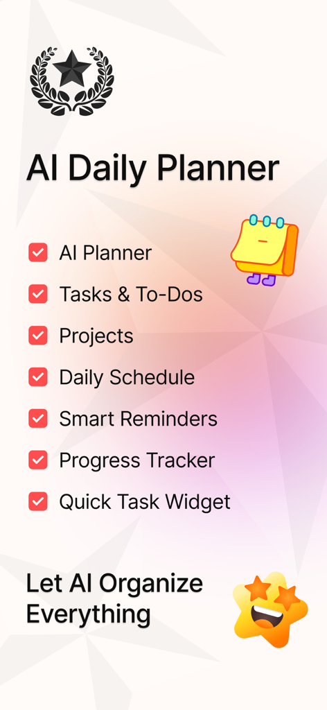 Daily Routine Planner Schedule - Una lista de funciones del Planificador Diario de IA que incluyen tareas, proyectos, horario diario, recordatorios y seguimiento del progreso con un diseño de lista de verificación.