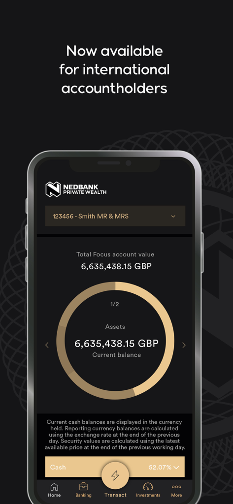 Nedbank Private Wealth app dashboard showing international account asset value in GBP