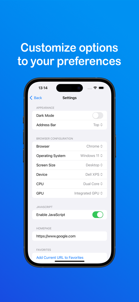 Browser Desktop - Settings interface of Browser Desktop app displaying customizable options for browser type, operating system, screen size, and hardware simulation.