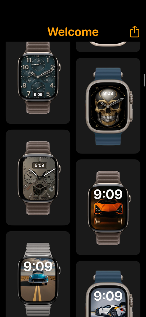 ラグジュアリーや自動車のテーマを含む、さまざまなApple Watchフェイスがギャラリーグリッドに表示されています。