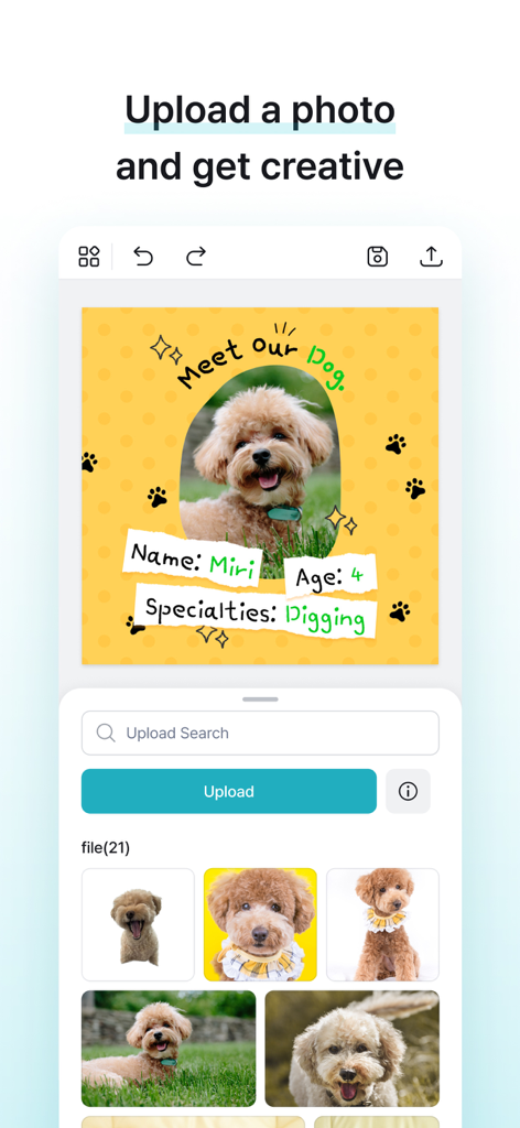 MiriCanvas: Poster, PPT design - MiriCanvas mobile app interface showing the photo upload feature and a custom social media post design featuring a dog