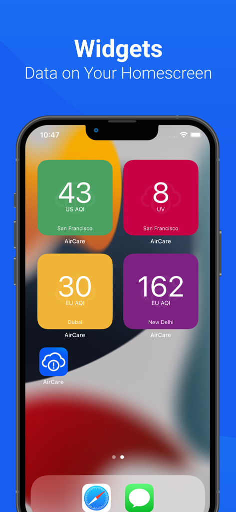 AirCare app widgets on an iPhone home screen showing air quality and UV levels