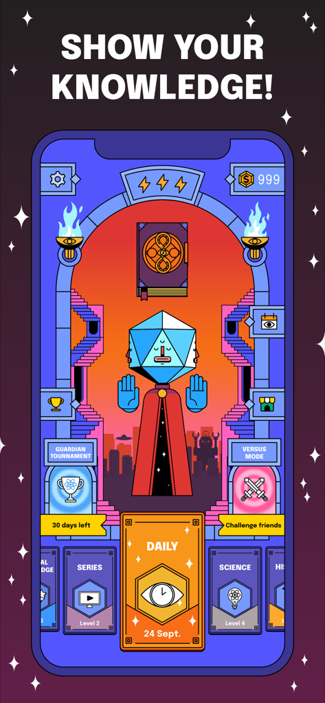 Dilemo - Interfaccia principale dell'app di trivia Dilemo che mostra varie modalità di gioco come torneo e mazzi di conoscenza a tema