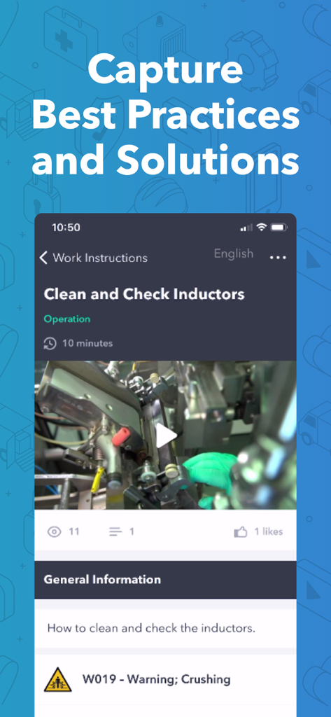 Poka App - Interfaccia dell'app mobile che mostra un tutorial video per la manutenzione industriale e avvisi di sicurezza