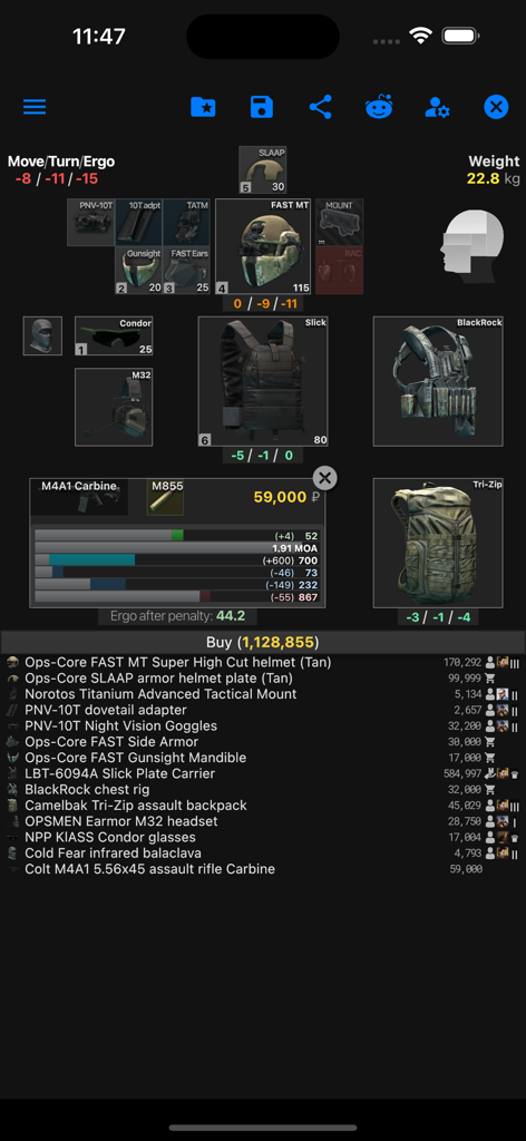 Loadout builder in Database for Tarkov showing tactical gear and equipment stats