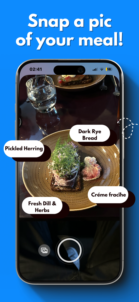 Kalí - Kali app interface showing AI meal recognition identifying ingredients from a photo of a meal