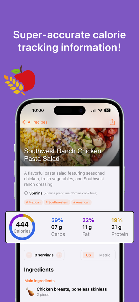 Cookmarks: Recipe Manager - Cookmarks app interface showing detailed calorie and nutrition information for a healthy recipe