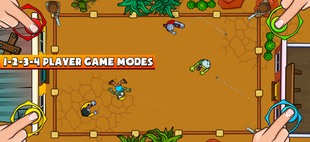 Zombie Party - 1 2 3 4 player - Top down view of four people playing a zombie mini game on one device